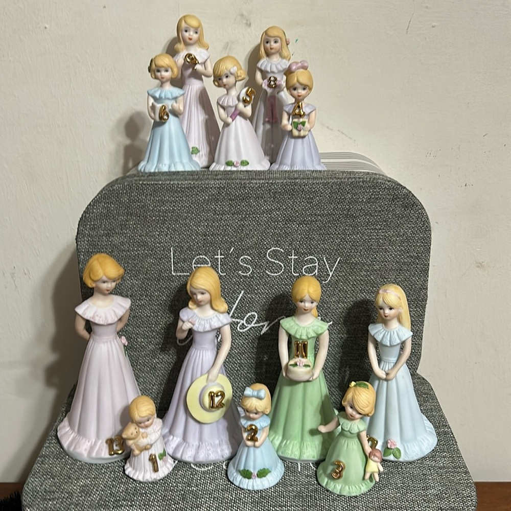 Vintage 1981 Enesco Growing Up Birthday Girls Bisque Figurines. Twelve figurines